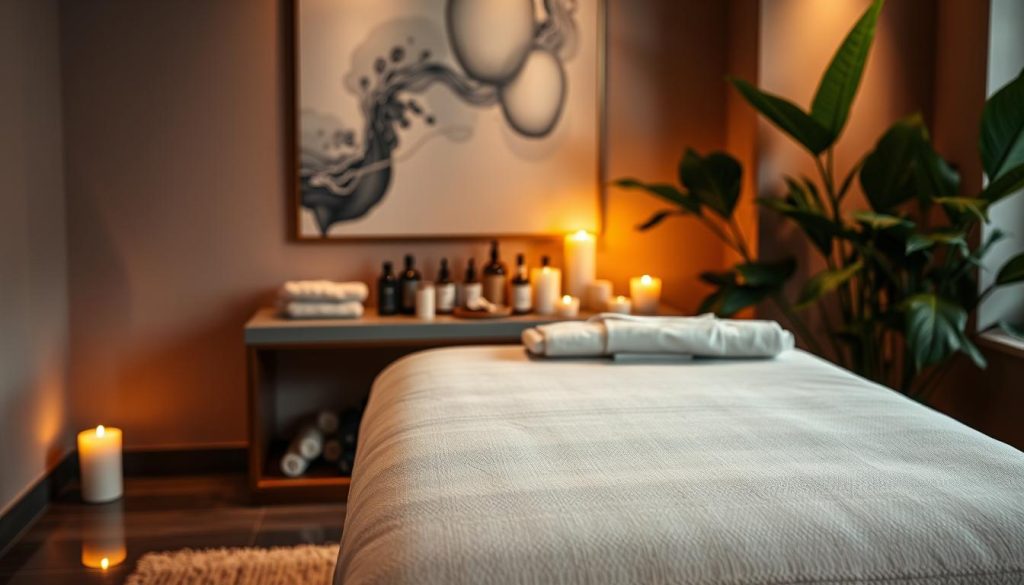 An elegant spa-like setting with a luxurious marble massage table in the foreground, dimly lit with warm, soft lighting. In the middle ground, various massage oils, lotions, and tools are neatly arranged on a side table, suggesting the tools of the trade. The background features soothing, abstract artwork and lush, verdant plants, creating a serene, relaxing atmosphere. The overall mood is one of tranquility, indulgence, and rejuvenation, perfectly suited for an anti-aging spa experience.