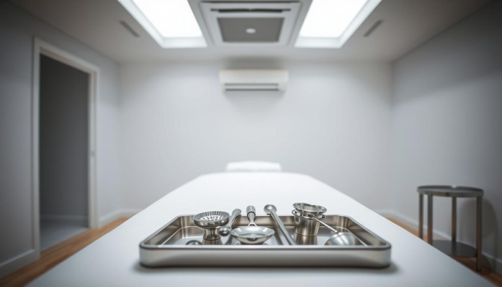A clean, well-lit room with a pristine massage table in the foreground. Gleaming stainless steel instruments neatly arranged on a tray, reflecting the soft, indirect lighting. In the background, a view of spotless white walls and a professional-grade ventilation system. The overall atmosphere conveys a sense of clinical hygiene and unwavering commitment to safety and sanitation. A tranquil, soothing ambiance that instills confidence in the highest standards of care.