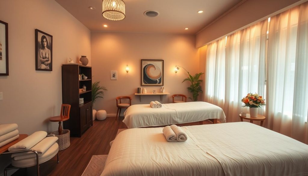 A cozy and inviting Fatih massage salon, bathed in warm lighting and featuring plush massage tables, calming decor, and a tranquil ambiance. The space exudes professionalism and hygiene, with clean linens, well-maintained equipment, and a soothing color palette. The camera captures the scene from a mid-level angle, showcasing the salon's attention to detail and commitment to providing a safe, high-quality massage experience. The overall atmosphere conveys a sense of relaxation, comfort, and trust.