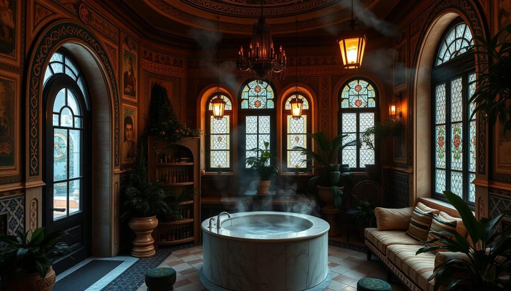 A cozy and inviting Turkish bathhouse, or "hamam," nestled in the charming neighborhood of Fatih. The exterior features ornate Ottoman-style architecture, with intricate tile work and arched doorways. The warm, dimly lit interior exudes a serene and relaxing atmosphere, with steam gently rising from the central marble plinth. Soft lighting filters through stained glass windows, casting a soothing amber glow. The space is adorned with plush fabrics, lush greenery, and traditional Turkish decor, creating an immersive and tranquil ambiance. The overall scene evokes a sense of timeless tradition and luxury, perfect for a rejuvenating massage or spa experience.