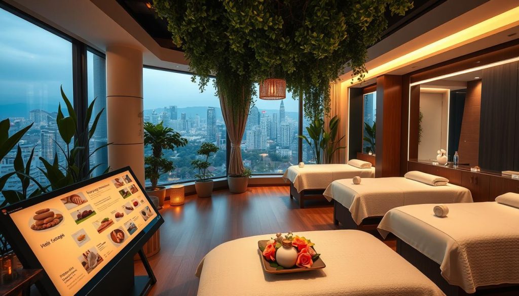 A cozy and inviting massage parlor in Maltepe, with warm lighting and plush, comfortable decor. A tranquil atmosphere with lush greenery, calming water features, and soothing incense. The foreground showcases an array of massage services and treatment options, presented on a sleek, modern display. The middle ground depicts serene massage rooms, each with soft, therapeutic lighting and high-quality massage tables. The background highlights the stunning cityscape of Maltepe, creating a serene and rejuvenating contrast. The overall scene conveys a sense of relaxation, rejuvenation, and the importance of self-care in the heart of the bustling city.