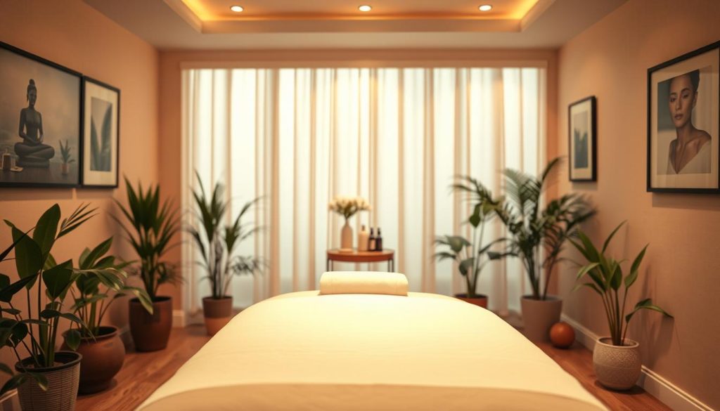 A cozy and inviting masseuse studio with warm lighting and a serene atmosphere. The foreground features a plush massage table with clean linens, surrounded by potted plants and calming artwork on the walls. The middle ground showcases a minimalist and elegant decor, with a small side table holding essential oils and massage tools. The background gently blurs into a softly lit, soothing environment, creating a sense of privacy and tranquility. The overall composition conveys a high-quality, professional, and relaxing experience for the discerning clientele.