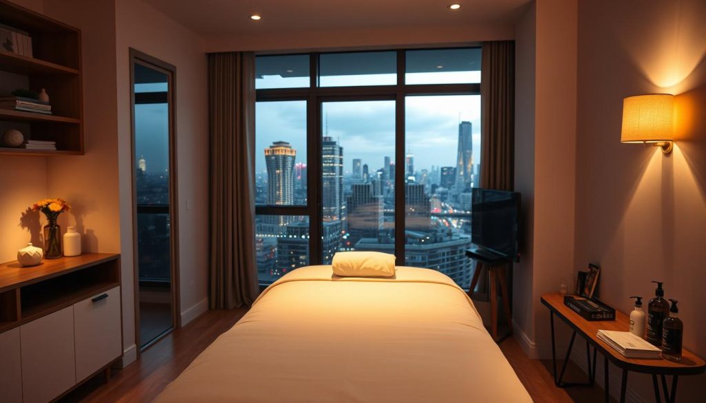 A cozy and modern apartment interior, with a massage table set up in the center of the room. Soft, warm lighting illuminates the scene, creating a serene and inviting atmosphere. The table is adorned with clean, crisp linens, and an array of massage oils and lotions are neatly arranged on a side table. The background features a large window overlooking a bustling city skyline, hinting at the convenience and accessibility of the in-home massage service. The overall composition conveys a sense of privacy, comfort, and professionalism, perfectly capturing the essence of the "Evde Masaj 7/24" service.