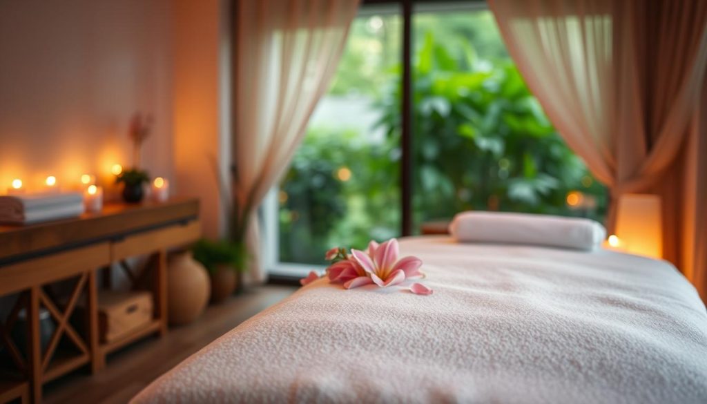 A cozy and tranquil women's spa setting, featuring a plush massage table adorned with soft linens and fresh flowers. Indirect ambient lighting casts a warm, soothing glow, creating an atmosphere of relaxation and indulgence. In the background, a serene view of a serene garden or lush greenery, hinting at the natural restorative elements of the spa experience. The scene conveys a sense of pampering, self-care, and the harmonious fusion of massage and beauty rituals tailored specifically for the comfort and rejuvenation of women.