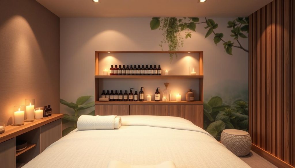 A cozy, minimalist massage studio with soft lighting and warm textures. In the foreground, a massage table with plush linens and towels, ready for a personalized session. In the middle ground, shelves displaying an array of massage oils and aromatherapy candles, creating a soothing ambiance. The background features a serene, nature-inspired mural, transporting the viewer to a peaceful oasis. The overall atmosphere conveys a sense of tranquility and tailored indulgence, inviting the viewer to imagine the perfect, bespoke massage experience.