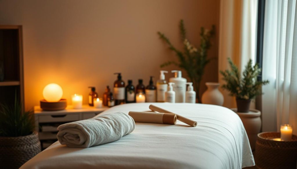 A dimly lit, cozy spa-like setting featuring a massage table surrounded by soothing natural elements. Soft, warm lighting casts a gentle glow, creating a calming atmosphere. On the table, plush white linens and a rolled-up towel evoke a sense of relaxation. In the middle ground, various massage oils, lotions, and tools such as foam rollers and massage sticks are neatly arranged, hinting at the expertise of the massage therapist. The background features muted, earthy tones with natural textures like stone or wood, further enhancing the serene ambiance. The overall composition conveys a holistic, therapeutic experience focused on relieving neck, back, and shoulder tension.