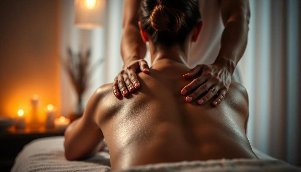 A dimly lit massage studio with soft, warm lighting casting a soothing glow. A therapist's skilled hands apply deep, rhythmic pressure along the contours of a client's back, targeting areas of tension and stress. The client's face is not visible, but their body language conveys a sense of deep relaxation and relief. The scene exudes a calming, almost meditative atmosphere, inviting the viewer to imagine the therapeutic benefits of this specialized massage technique.