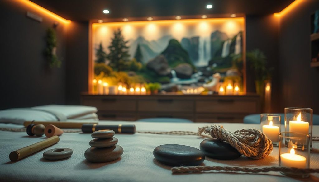 A dimly lit spa room, filled with the soothing scent of essential oils. Soft, warm lighting casts a gentle glow, creating a serene and tranquil atmosphere. In the foreground, various massage tools and accessories are neatly arranged, including smooth river stones, bamboo sticks, and knotted ropes. The middle ground showcases a variety of massage techniques, such as Swedish, deep tissue, and hot stone, each with its own distinct hand movements and pressure levels. In the background, a mural of natural landscapes, from lush forests to serene waterfalls, adds to the calming ambiance. The overall scene conveys a sense of relaxation, restoration, and a holistic approach to wellness. A dimly lit spa room, filled with the soothing scent of essential oils. Soft, warm lighting casts a gentle glow, creating a serene and tranquil atmosphere. In the foreground, various massage tools and accessories are neatly arranged, including smooth river stones, bamboo sticks, and knotted ropes. The middle ground showcases a variety of massage techniques, such as Swedish, deep tissue, and hot stone, each with its own distinct hand movements and pressure levels. In the background, a mural of natural landscapes, from lush forests to serene waterfalls, adds to the calming ambiance. The overall scene conveys a sense of relaxation, restoration, and a holistic approach to wellness.