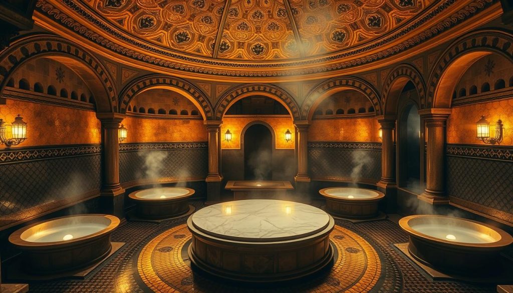 A dimly lit traditional Turkish bath (Hamam) with ornate tiled walls and domed ceilings. Warm, soft lighting casts a golden glow, creating a serene and tranquil atmosphere. In the center, a large, circular marble platform stands, surrounded by smaller alcoves for private bathing rituals. Plumes of fragrant steam billow from the heated basins, inviting the senses. Decorative arches and intricate architectural details add to the authentic, historic ambiance. The floor is covered in richly patterned, colorful tiles, reflecting the opulent design. This timeless, Ottoman-era sanctuary offers a sanctuary for relaxation and rejuvenation.