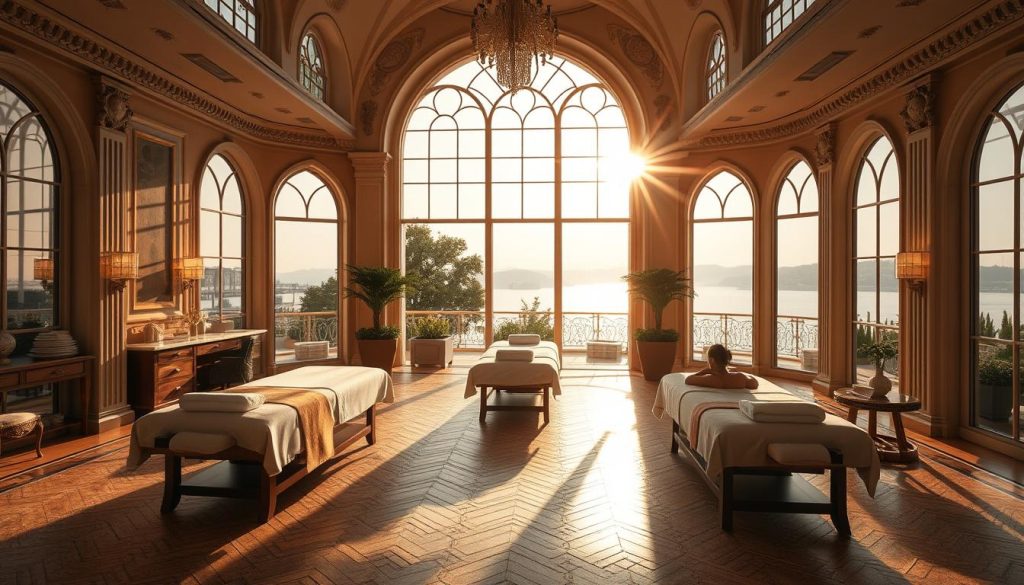 A grand and opulent spa nestled within the historic Çırağan Palace Kempinski, bathed in warm, natural light filtering through large windows. Elegant interiors feature intricate tiled floors, vaulted ceilings, and plush furnishings in a soothing color palette. Luxurious treatment rooms are equipped with state-of-the-art massage tables and amenities, creating a tranquil oasis for wellness and relaxation. The spa's outdoor terrace overlooks the shimmering Bosphorus, providing a breathtaking backdrop for a serene and indulgent spa experience.