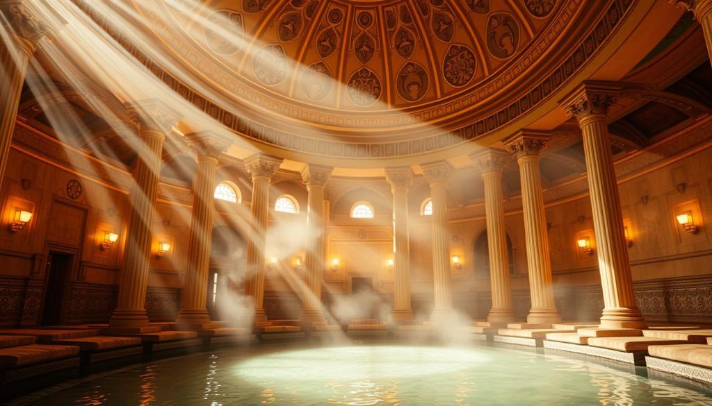 A grand, domed Turkish bath with ornate columns and intricate tilework, bathed in warm, golden lighting. Wisps of steam drift through the air, creating an atmosphere of tranquility and relaxation. Plush, cushioned seating lines the perimeter, inviting visitors to unwind. Shafts of light pierce through small, arched windows, casting a soft, ethereal glow. The space exudes a sense of timeless tradition and cultural heritage, transporting the viewer to a realm of rejuvenation and indulgence. A grand, domed Turkish bath with ornate columns and intricate tilework, bathed in warm, golden lighting. Wisps of steam drift through the air, creating an atmosphere of tranquility and relaxation. Plush, cushioned seating lines the perimeter, inviting visitors to unwind. Shafts of light pierce through small, arched windows, casting a soft, ethereal glow. The space exudes a sense of timeless tradition and cultural heritage, transporting the viewer to a realm of rejuvenation and indulgence.