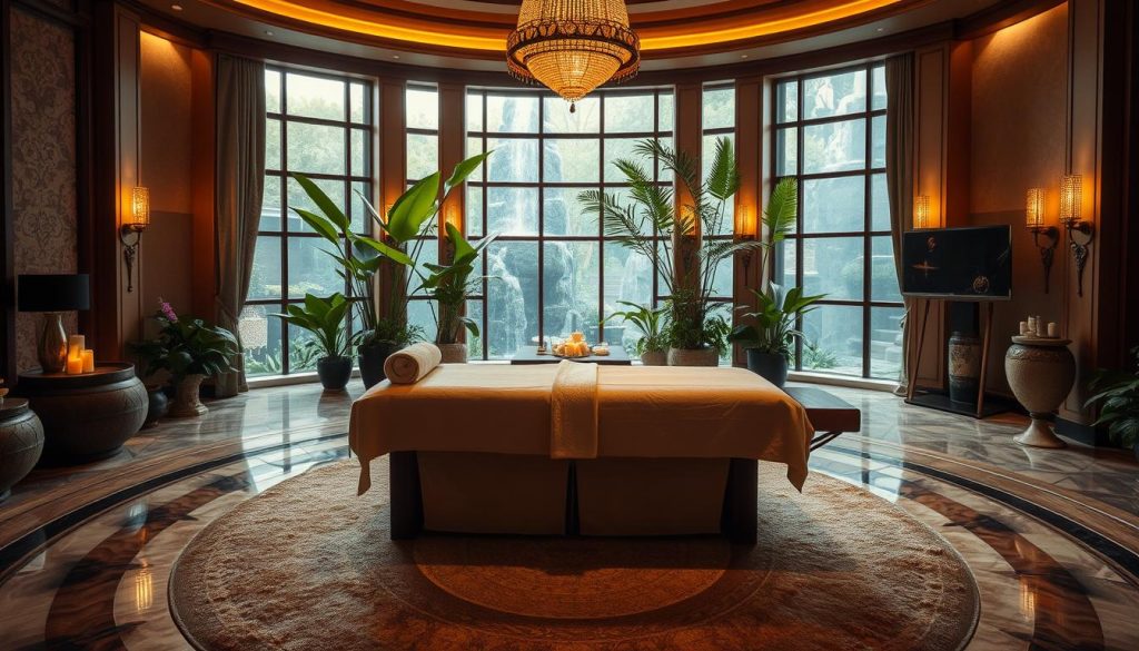 A lavish, opulent spa setting with elegant decor and soft, warm lighting. A luxurious massage table takes center stage, surrounded by lush greenery, soothing water features, and plush, inviting textiles. The scene exudes tranquility and a sense of restorative well-being, capturing the essence of a transformative, indulgent massage experience. Soft, diffused light filters through large windows, creating a serene and calming atmosphere. The overall impression is one of sophisticated relaxation and holistic rejuvenation.