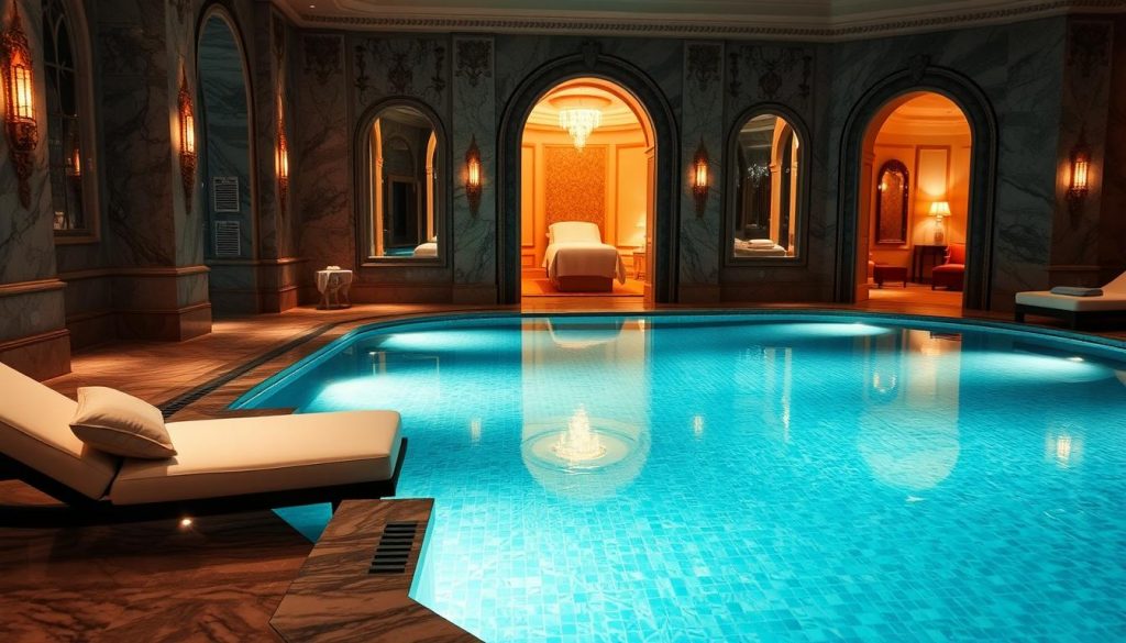 A luxurious Istanbul spa, bathed in warm, ambient lighting. The foreground showcases a tranquil pool, its crystalline waters reflecting the ornate, marble-clad walls. In the middle ground, plush, cushioned lounge chairs invite guests to sink into a state of blissful relaxation. The background features elegant, arched entryways leading to private treatment rooms, where skilled masseuses await to pamper and rejuvenate. The overall atmosphere exudes a sense of indulgence, comfort, and wellness, perfectly capturing the essence of Istanbul's finest spa retreats. A luxurious Istanbul spa, bathed in warm, ambient lighting. The foreground showcases a tranquil pool, its crystalline waters reflecting the ornate, marble-clad walls. In the middle ground, plush, cushioned lounge chairs invite guests to sink into a state of blissful relaxation. The background features elegant, arched entryways leading to private treatment rooms, where skilled masseuses await to pamper and rejuvenate. The overall atmosphere exudes a sense of indulgence, comfort, and wellness, perfectly capturing the essence of Istanbul's finest spa retreats.