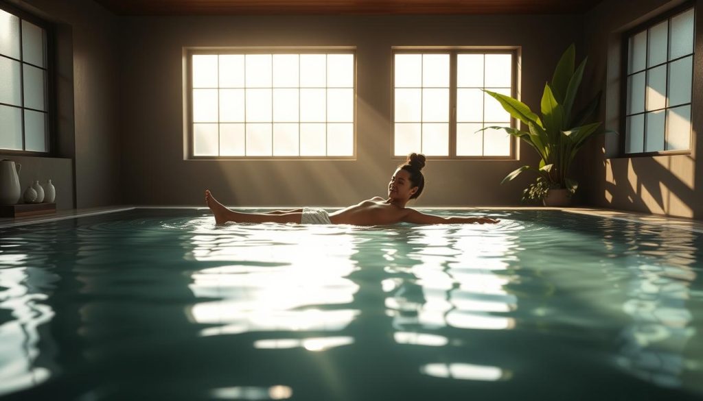 A luxurious and serene Watsu (water shiatsu) therapy session set in a dimly lit, minimalist spa environment. The model floats weightlessly in a warm, tranquil pool, their body gently supported and guided by a skilled therapist. Soft, natural lighting filters through large windows, casting a peaceful, therapeutic glow. The pool's surface reflects shimmering ripples, creating a calming, meditative atmosphere. Lush, verdant plants accent the space, further enhancing the restorative, nature-inspired ambiance. The scene conveys a profound sense of relaxation, wellness, and rejuvenation.