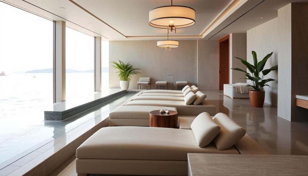 A luxurious spa experience at the Mandarin Oriental Bosphorus, Istanbul. A serene, minimalist interior with natural light flooding through large windows, overlooking the tranquil waters of the Bosphorus Strait. Soft, muted tones of gray, beige, and white create a calming atmosphere. Plush, oversized chaise lounges invite guests to sink in and unwind. A soothing water feature gently cascades in the background, its gentle sounds echoing through the space. Elegant, modern light fixtures cast a warm, ambient glow. Lush, potted greenery add pops of natural color and texture. Sleek, wooden accents and natural stone surfaces exude an air of sophisticated simplicity. The essence of a truly indulgent, high-end wellness retreat. A luxurious spa experience at the Mandarin Oriental Bosphorus, Istanbul. A serene, minimalist interior with natural light flooding through large windows, overlooking the tranquil waters of the Bosphorus Strait. Soft, muted tones of gray, beige, and white create a calming atmosphere. Plush, oversized chaise lounges invite guests to sink in and unwind. A soothing water feature gently cascades in the background, its gentle sounds echoing through the space. Elegant, modern light fixtures cast a warm, ambient glow. Lush, potted greenery add pops of natural color and texture. Sleek, wooden accents and natural stone surfaces exude an air of sophisticated simplicity. The essence of a truly indulgent, high-end wellness retreat.