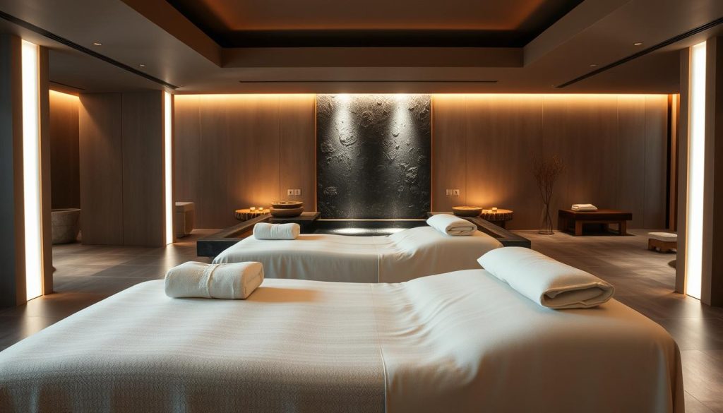 A luxurious spa experience set in a serene, modern interior. Soft lighting casts a warm glow, highlighting the sleek, minimalist design. Plush, oversized massage tables dominate the foreground, beckoning guests to indulge in a blissful, rejuvenating treatment. In the background, a soothing water feature flows, its gentle sounds creating a tranquil ambiance. Muted, earthy tones and natural materials, such as stone and wood, evoke a sense of harmony and relaxation. The overall atmosphere is one of refined elegance and unparalleled pampering, perfectly encapsulating the essence of the "Lüks Spa Deneyimleri".