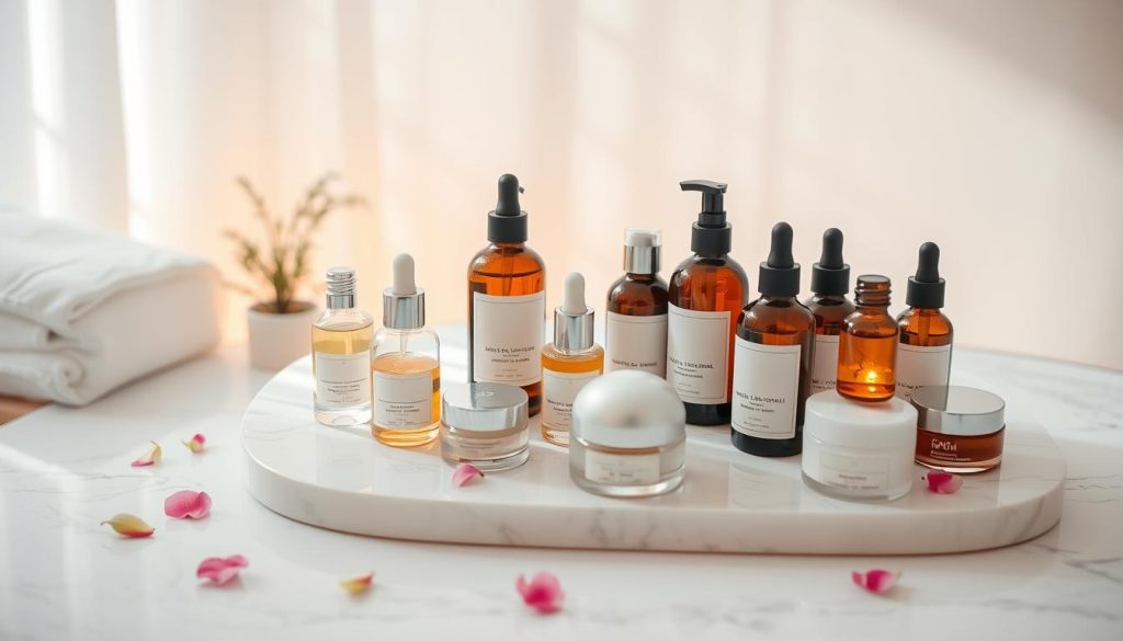 A luxurious spa setting with a serene, minimalist ambiance. A pristine white marble table holds an assortment of high-end skincare products, including facial oils, serums, and creams. Soft, diffused lighting casts a warm, inviting glow, while delicate flower petals and a small potted plant add a natural, organic touch. The composition emphasizes the tranquility and exclusivity of an indulgent skin care ritual, conveying a sense of pampering and relaxation. The overall mood is one of refined elegance and a commitment to personal well-being.