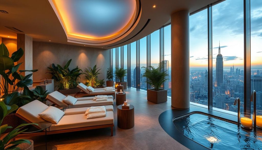 A luxurious urban spa nestled in the heart of the city, with a serene ambiance and elegant decor. Plush loungers and modern fixtures in a softly lit space, inviting visitors to indulge in rejuvenating treatments. Lush greenery and natural materials create a calming oasis, while floor-to-ceiling windows offer captivating views of the bustling cityscape beyond. Warm lighting casts a gentle glow, setting the stage for a truly tranquil and rejuvenating experience. An exquisite sanctuary of relaxation, where the stresses of the city melt away.