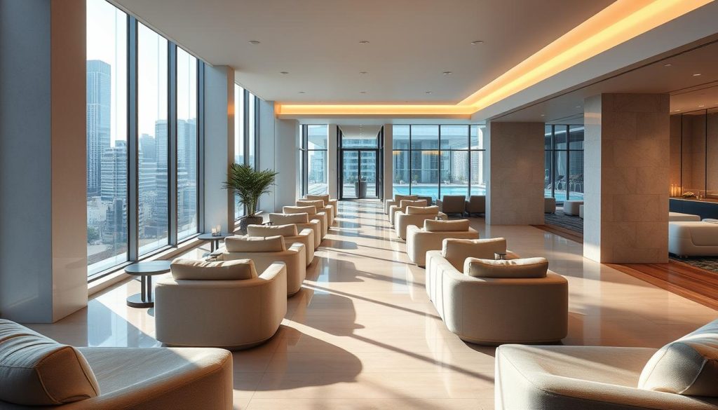 A modern and serene spa oasis in the heart of the bustling city. Soft, natural lighting filters through floor-to-ceiling windows, illuminating the sleek, minimalist decor. Plush, oversized chairs and sofas invite guests to unwind in luxurious comfort. Meandering pathways lead to private treatment rooms, where soothing scents of essential oils and the gentle sound of trickling water create a tranquil ambiance. In the distance, a state-of-the-art fitness center and indoor swimming pool can be glimpsed, offering a complete wellness experience. The sophisticated, urban spa setting provides a welcome respite from the city's vibrant energy, transporting visitors to a serene, rejuvenating sanctuary.