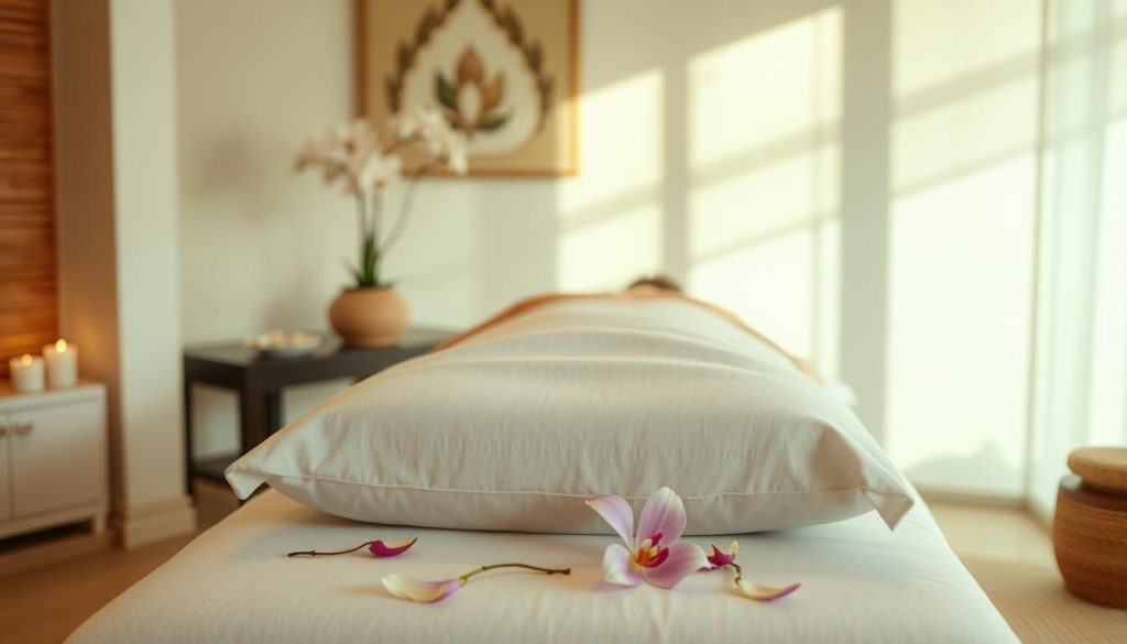 A peaceful Thai massage studio with soft lighting, calming atmosphere, and soothing floral accents. A serene massage table with a plush cushion and clean white sheets takes center stage. Delicate orchid petals decorate the tranquil scene, evoking a sense of relaxation. Subtle shadows play across the room, highlighting the graceful stretches and acupressure techniques performed by a skilled masseuse's hands. The overall composition conveys the restorative power of Thai massage, offering a glimpse into its rejuvenating touch.