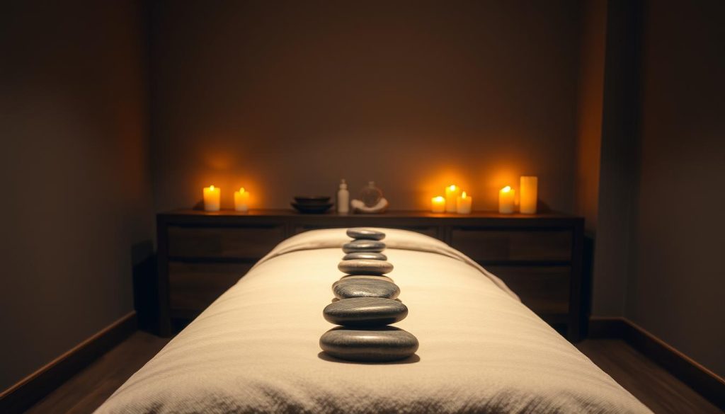 A peaceful and tranquil massage studio, dimly lit with warm, soft lighting. A massage table stands in the center, adorned with plush linens and a selection of smooth, heated river stones. The stones are arranged artfully, their natural shapes and earthy tones creating a calming, organic atmosphere. The background features muted, neutral-toned walls, with simple, minimalist decor that enhances the sense of serenity and relaxation. The overall mood is one of indulgence, comfort, and the rejuvenating experience of an aromatherapy hot stone massage.