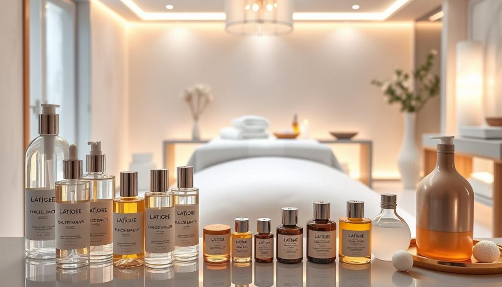 A pristine, well-lit spa setting showcasing the essence of hygiene and product quality. In the foreground, an array of high-end skincare and massage oils, their bottles gleaming under the soft, diffused lighting. In the middle ground, an elegant treatment table draped in crisp, white linens, accented by plush towels and luxurious bath accessories. The background features tranquil, spa-inspired decor - soothing colors, natural textures, and calming ambient lighting, creating an atmosphere of relaxation and indulgence. The overall composition conveys a sense of purity, attention to detail, and the unwavering commitment to exceptional service and guest experience.