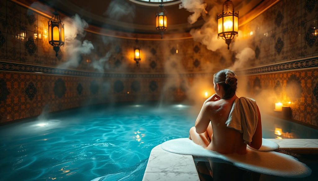 A serene Turkish bath scene, the warm, dimly lit space filled with the fragrant steam of eucalyptus and mint. In the foreground, a bather sits on a marble slab, their skin being gently exfoliated with a traditional kese cloth, the foam-like suds cascading down their back. Ornate ceramic tiles line the walls, their intricate patterns casting a soft, ambient glow. Ornamental lanterns hang from the ceiling, their flickering flames reflecting on the gleaming, wet surfaces. The air is thick with the soothing scent of aromatic oils, creating a tranquil, rejuvenating atmosphere.