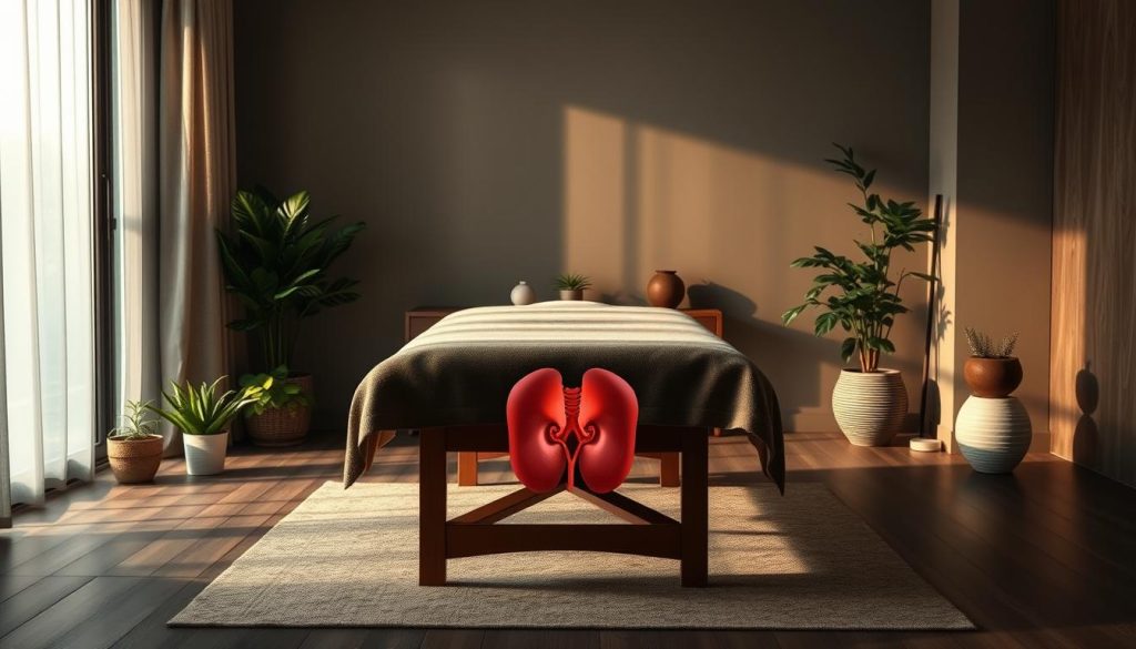 A serene and dimly lit room, with soft lighting casting gentle shadows. In the center, a massage table stands, its surface covered in plush, earthy-toned linens. Surrounding it, potted plants and soothing natural elements create a calming, spa-like atmosphere. The focus is on the prostate area, with a discreet and tasteful illustration depicting the underlying anatomy, inviting the viewer to consider the importance of prostate health and the role of massage in maintaining it.