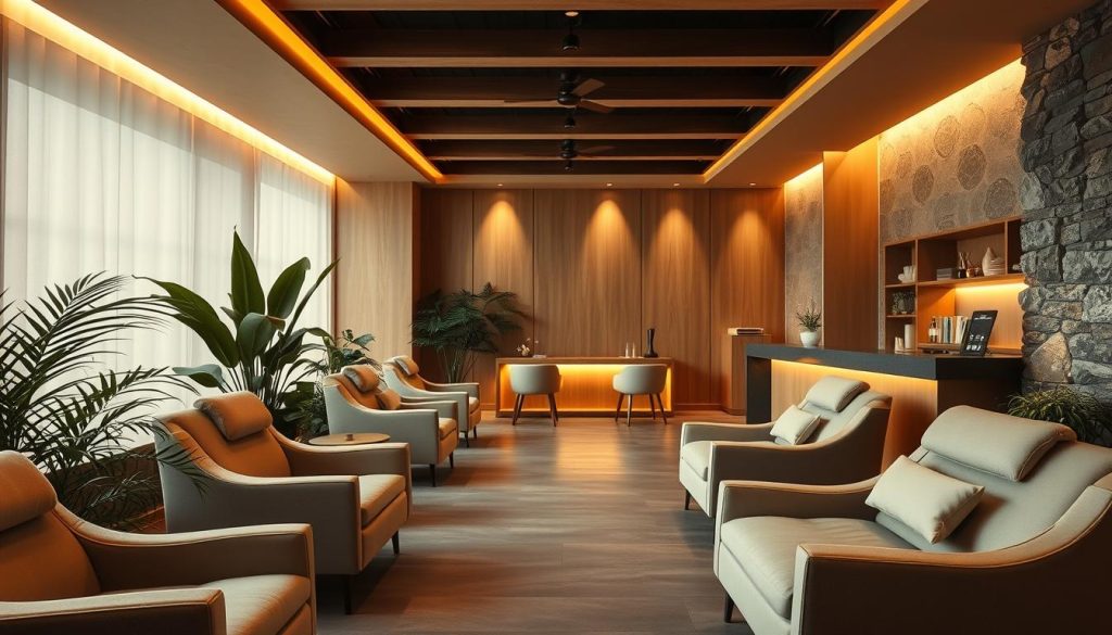 A serene and inviting massage parlor interior, bathed in warm, soothing lighting. Plush, comfortable chairs in muted tones, strategically placed to encourage a sense of privacy and relaxation. Soft, natural textures like wood and stone create a calming ambiance. A minimalist, yet elegant reception desk, where a friendly, attentive staff is ready to greet and assist clients. Lush, verdant plants dot the space, adding a touch of nature. Gentle background music and the faint aroma of essential oils fill the air, further enhancing the tranquil atmosphere. The overall impression is one of exceptional customer care, attention to detail, and a commitment to providing a truly rejuvenating and memorable experience.