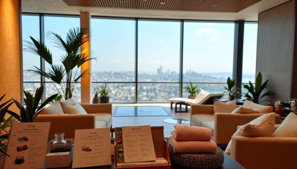 A serene and inviting spa center with plush, cozy furnishings, soft lighting, and soothing natural elements like plants and water features. The foreground showcases an array of spa treatment menus, brochures, and amenity options, hinting at the wide range of services available. The middle ground depicts a tranquil relaxation area with comfortable lounge chairs and soothing background music, conveying a sense of respite and rejuvenation. In the background, a panoramic view of the Istanbul skyline, with its iconic landmarks, suggests the urban oasis-like setting of the spa. The overall atmosphere is one of luxurious calm, inviting the viewer to unwind and indulge in the perfect escape from the stresses of city life.