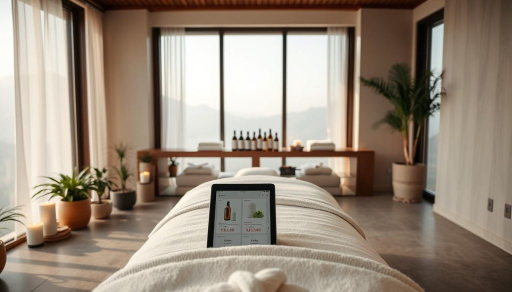 A serene and luxurious spa setting with a modern, minimalist design. The foreground features a stone massage table with plush white linens, surrounded by potted plants and candles. The middle ground showcases a selection of spa treatment bottles, towels, and a tablet displaying reservation and pricing options. The background is a softly-lit, neutral-toned room with large windows overlooking a calming, natural landscape. The overall atmosphere is one of tranquility, relaxation, and indulgence, inviting the viewer to immerse themselves in a rejuvenating spa experience.