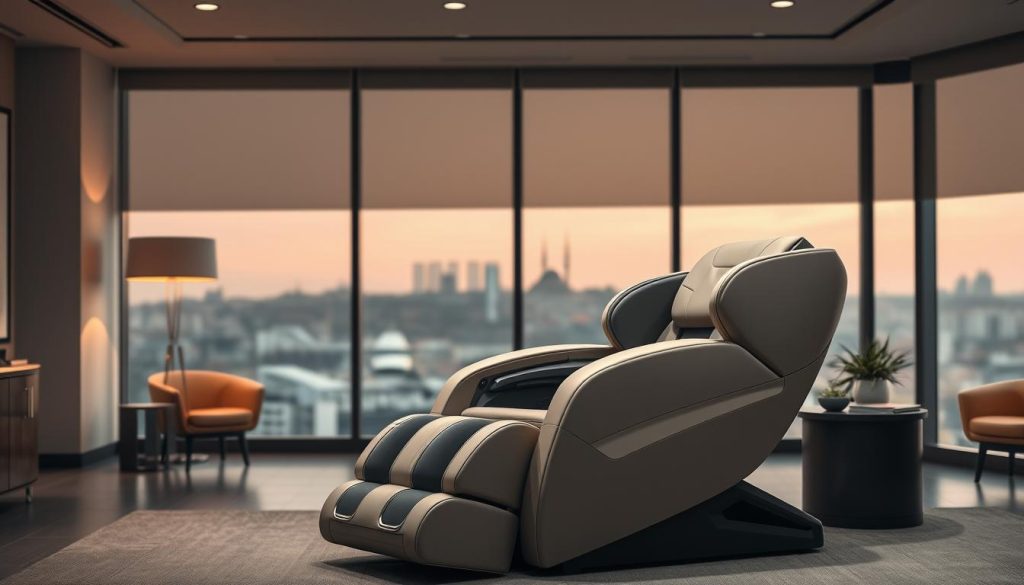 A serene and professional office setting, with a plush massage chair positioned in the foreground. Soft, warm lighting bathes the scene, creating a calming atmosphere. The chair is situated in a spacious, well-appointed room, with tasteful decor and minimal clutter. The background features a panoramic view of the Istanbul skyline, hinting at the corporate, VIP nature of the setting. The overall impression is one of tranquility and rejuvenation, designed to promote employee health and productivity.