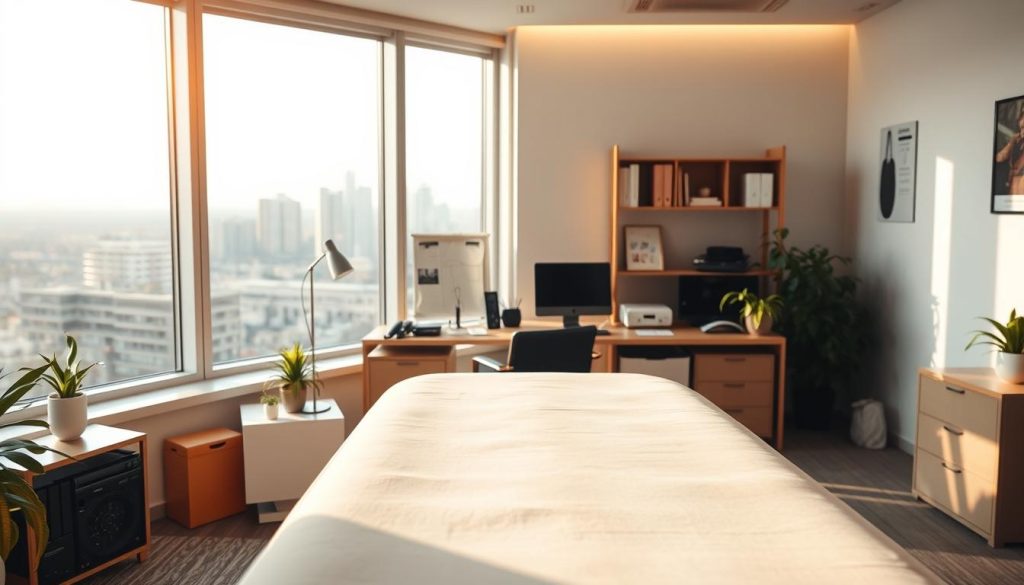 A serene and tranquil office setting, with a calming massage table positioned in the foreground. The room is bathed in soft, warm lighting that creates a soothing atmosphere. In the middle ground, various office supplies and devices are neatly arranged, suggesting a harmonious balance between work and relaxation. The background features a picturesque cityscape through large windows, hinting at the strategic location of this workspace. The overall composition conveys the rejuvenating impact of massage on professional performance, fostering a sense of well-being and improved focus.