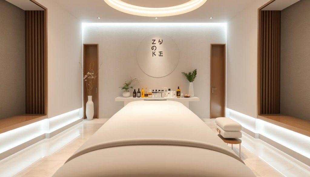 A serene and tranquil scene of a modern, well-equipped massage studio in Istanbul, Turkey. The foreground showcases a professional massage table with pristine white linens, surrounded by elegant decor and soothing ambient lighting. The middle ground features an assortment of massage oils, lotions, and other therapeutic tools neatly arranged on a sleek, minimalist side table. In the background, we see a calming, neutral-toned color palette with subtle textures, creating a sense of relaxation and rejuvenation. The overall atmosphere exudes a high-quality, spa-like ambiance, reflecting the expertise and professionalism of the Istanbul massage education institutions.