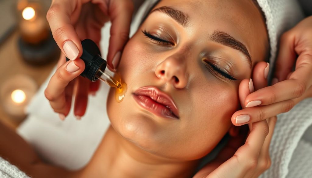 A serene and tranquil scene of a woman's hands gently massaging her face with a rich, aromatic facial oil. The camera captures the process in soft, diffused lighting, emphasizing the soothing and luxurious nature of the experience. The woman's expression is one of deep relaxation, her features subtly illuminated as she indulges in this restorative ritual. The background is blurred, creating a sense of intimacy and focus on the delicate movements of her fingers as they glide across her skin. This image evokes a calming and rejuvenating atmosphere, perfectly capturing the transformative power of facial massage. A serene and tranquil scene of a woman's hands gently massaging her face with a rich, aromatic facial oil. The camera captures the process in soft, diffused lighting, emphasizing the soothing and luxurious nature of the experience. The woman's expression is one of deep relaxation, her features subtly illuminated as she indulges in this restorative ritual. The background is blurred, creating a sense of intimacy and focus on the delicate movements of her fingers as they glide across her skin. This image evokes a calming and rejuvenating atmosphere, perfectly capturing the transformative power of facial massage.