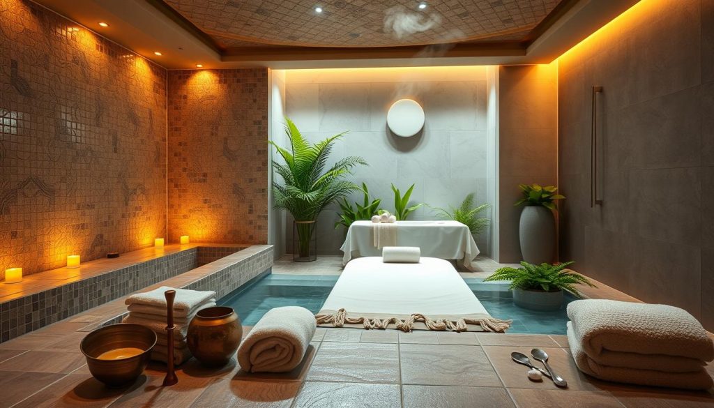 A serene and tranquil spa retreat, featuring a stunning Turkish-style hamam (steam room) with intricate tile patterns, warm lighting, and the inviting steam gently billowing. The foreground showcases traditional bathing implements and plush towels, while the middle ground reveals a luxurious massage table surrounded by lush greenery and natural elements. The background depicts a calming, minimalist design with muted colors, creating a harmonious and rejuvenating atmosphere. The overall scene evokes a sense of relaxation, tradition, and modern comforts, perfectly capturing the essence of "Spa ve Hamam Keyfi: Modern ve Geleneksel Dokunuşlar". A serene and tranquil spa retreat, featuring a stunning Turkish-style hamam (steam room) with intricate tile patterns, warm lighting, and the inviting steam gently billowing. The foreground showcases traditional bathing implements and plush towels, while the middle ground reveals a luxurious massage table surrounded by lush greenery and natural elements. The background depicts a calming, minimalist design with muted colors, creating a harmonious and rejuvenating atmosphere. The overall scene evokes a sense of relaxation, tradition, and modern comforts, perfectly capturing the essence of "Spa ve Hamam Keyfi: Modern ve Geleneksel Dokunuşlar".