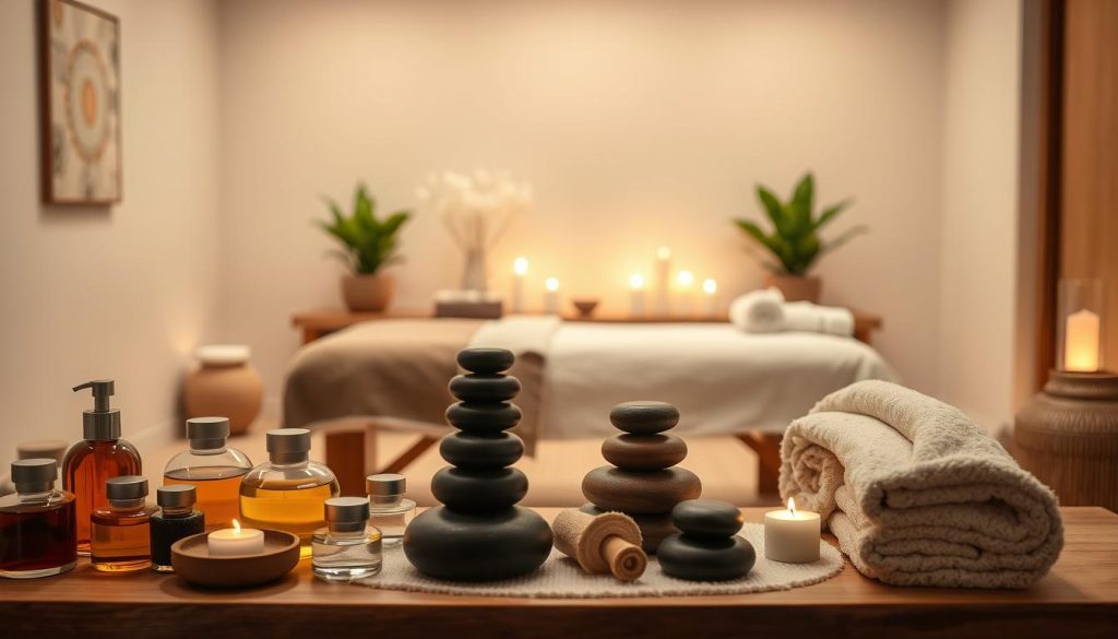 A serene and tranquil spa setting, with an array of massage modalities on display. In the foreground, various massage tools and accessories, such as scented oils, warm stones, and soft towels, are artfully arranged. The middle ground features a wooden massage table draped in plush fabrics, inviting the viewer to imagine the relaxing experience. In the background, a soothing, minimalist decor of earthy tones and natural elements, like potted plants and candles, creates a calming ambiance. Soft, diffused lighting casts a warm glow, while the composition is framed by clean, elegant lines, conveying a sense of balance and harmony. The overall atmosphere exudes a luxurious, yet inviting, atmosphere of wellness and rejuvenation.