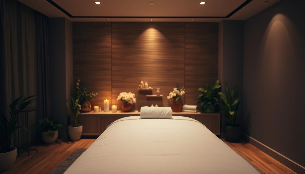 A serene, dimly lit massage parlor, with warm, diffused lighting casting a cozy ambiance. The foreground features a plush massage table, its crisp, white linens inviting the viewer to experience a moment of tranquility. Surrounding the table, lush potted plants and delicate floral arrangements add a touch of natural elegance. In the middle ground, a wooden accent wall with subtle textures creates a soothing, tactile backdrop. The background showcases a panoramic view of a calming, minimalist interior, with soft hues and clean lines, conveying a sense of restorative harmony. The overall scene evokes a sanctuary of relaxation, where the senses are gently soothed and the mind is transported to a state of blissful repose. A serene, dimly lit massage parlor, with warm, diffused lighting casting a cozy ambiance. The foreground features a plush massage table, its crisp, white linens inviting the viewer to experience a moment of tranquility. Surrounding the table, lush potted plants and delicate floral arrangements add a touch of natural elegance. In the middle ground, a wooden accent wall with subtle textures creates a soothing, tactile backdrop. The background showcases a panoramic view of a calming, minimalist interior, with soft hues and clean lines, conveying a sense of restorative harmony. The overall scene evokes a sanctuary of relaxation, where the senses are gently soothed and the mind is transported to a state of blissful repose.