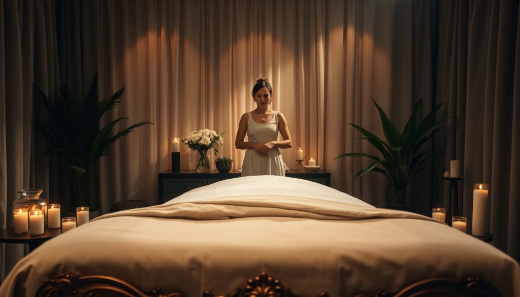 A serene, dimly lit massage studio in Istanbul, with soft lighting filtering through sheer curtains. In the foreground, an ornate massage table draped in plush linens, surrounded by an array of aromatherapy candles and calming plants. In the middle ground, a skilled masseuse stands ready, their hands poised to deliver a deeply relaxing, therapeutic experience. The background features muted, earthy tones, evoking a sense of tranquility and wellness. The overall atmosphere is one of soothing elegance, inviting the viewer to imagine the restorative power of a professional massage session.