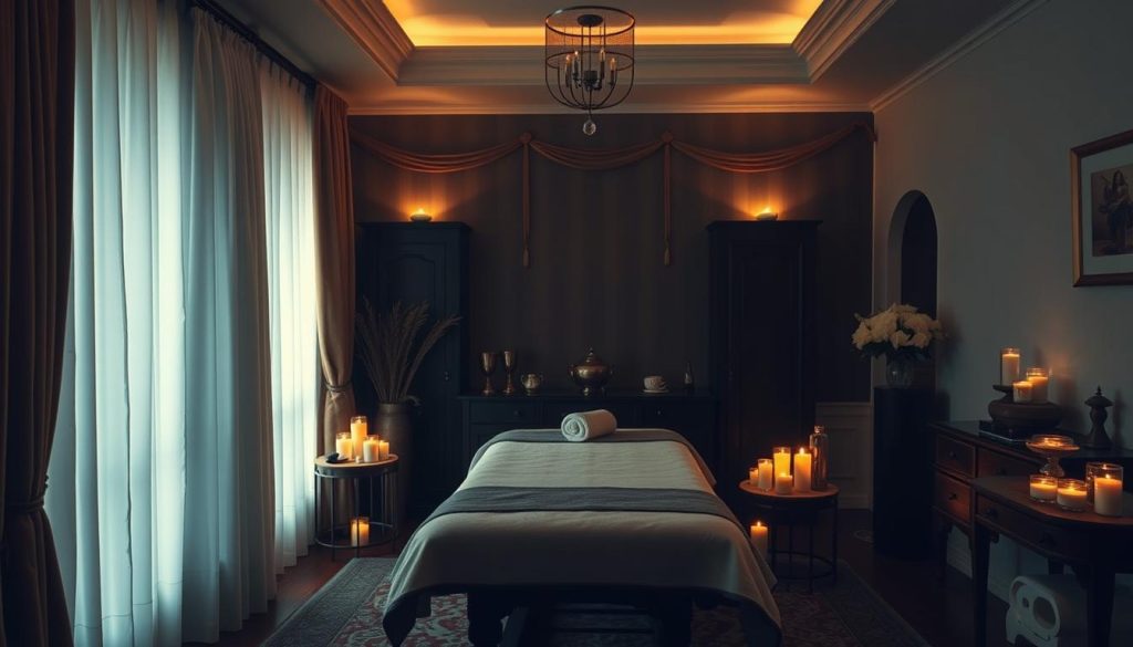 A serene, dimly lit massage studio in the historic district of Fatih, Istanbul. Soft, warm lighting bathes the space, creating a cozy, inviting atmosphere. The room features rich, textured fabrics and elegant wood furnishings, exuding a sense of luxurious relaxation. In the center, a traditional Turkish-style massage table awaits, surrounded by an array of aromatherapy candles and essential oil diffusers, their soothing scents wafting through the air. The scene evokes a tranquil, rejuvenating experience, perfectly complementing the picturesque setting of Fatih and the visitor's Istanbul holiday.