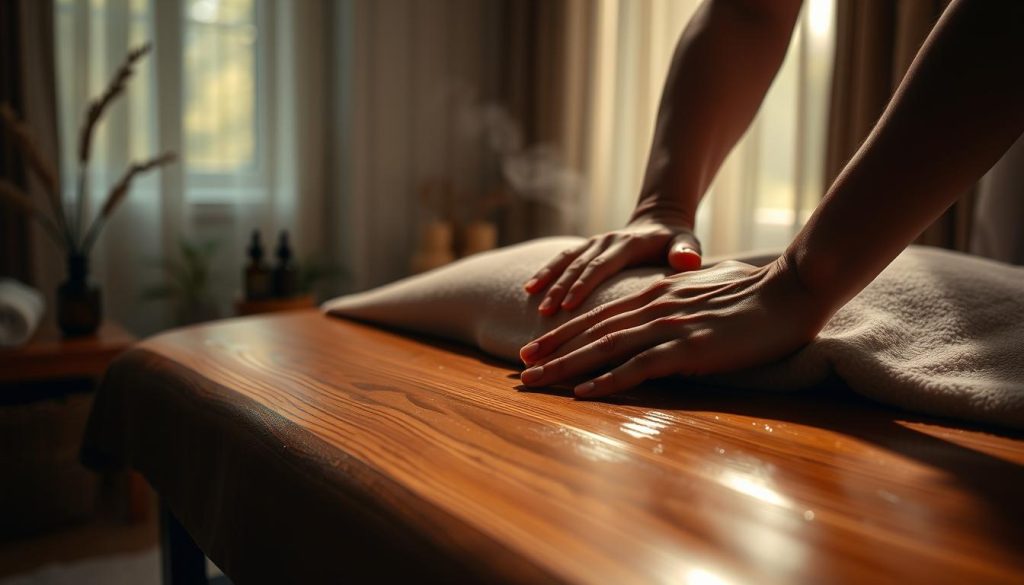 A serene, dimly lit massage studio with soft, natural lighting filtering through sheer curtains. The focus is on a beautifully crafted wooden massage table, its surface gleaming with oil. Delicate, dexterous hands perform intricate Swedish massage techniques, kneading and soothing tense muscles. Fragrant essential oils diffuse throughout the space, creating a calming, spa-like atmosphere. Subtle shadows and highlights accentuate the skilled movements, conveying a sense of tranquility and rejuvenation. The overall composition emphasizes the artistry and expertise of the massage techniques, inviting the viewer to experience the restorative power of this ancient practice. A serene, dimly lit massage studio with soft, natural lighting filtering through sheer curtains. The focus is on a beautifully crafted wooden massage table, its surface gleaming with oil. Delicate, dexterous hands perform intricate Swedish massage techniques, kneading and soothing tense muscles. Fragrant essential oils diffuse throughout the space, creating a calming, spa-like atmosphere. Subtle shadows and highlights accentuate the skilled movements, conveying a sense of tranquility and rejuvenation. The overall composition emphasizes the artistry and expertise of the massage techniques, inviting the viewer to experience the restorative power of this ancient practice.