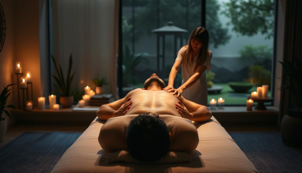 A serene, dimly lit massage studio with soft, warm lighting. In the foreground, a massage table with plush bedding, surrounded by subtle ambient details like candles, plants, and soothing textiles. In the middle ground, a male figure lies face-down, receiving a therapeutic full-body massage from the skilled hands of a masseuse. The massage techniques focus on relieving muscle tension and promoting overall well-being. The background features calming, natural elements like a zen garden or peaceful landscape, creating a tranquil and rejuvenating atmosphere.
