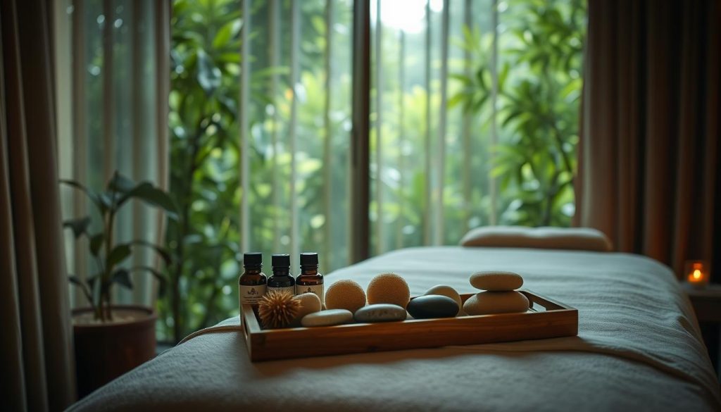 A serene, dimly lit room where soft light filters through sheer curtains, casting a warm glow. In the foreground, a wooden massage table is adorned with plush linens and a selection of essential oil bottles, their labels hinting at the soothing scents within. Beside the table, a tray holds an array of natural sponges, natural brushes, and polished stones, all waiting to be used in the upcoming aromatherapy massage. The background is filled with lush, verdant foliage, creating a tranquil, spa-like atmosphere. The overall scene exudes a sense of calm, relaxation, and the promise of a truly indulgent, holistic experience.