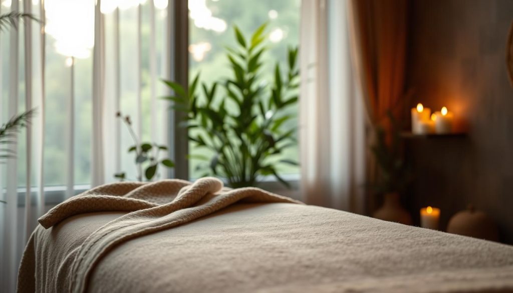 A serene, dimly lit room with soft, natural lighting filtering through sheer curtains. In the foreground, a plush massage table draped with a cozy, textured blanket invites the viewer to experience deep relaxation. Lush greenery and warm, earthy tones in the background create a calming, spa-like ambiance. Candles flicker, casting a gentle glow and a soothing, herbal aroma fills the air, heightening the sense of physical and mental rejuvenation. The overall scene evokes a tranquil, rejuvenating atmosphere, perfectly capturing the essence of "fiziksel rahatlama" in Kadıköy. A serene, dimly lit room with soft, natural lighting filtering through sheer curtains. In the foreground, a plush massage table draped with a cozy, textured blanket invites the viewer to experience deep relaxation. Lush greenery and warm, earthy tones in the background create a calming, spa-like ambiance. Candles flicker, casting a gentle glow and a soothing, herbal aroma fills the air, heightening the sense of physical and mental rejuvenation. The overall scene evokes a tranquil, rejuvenating atmosphere, perfectly capturing the essence of "fiziksel rahatlama" in Kadıköy.