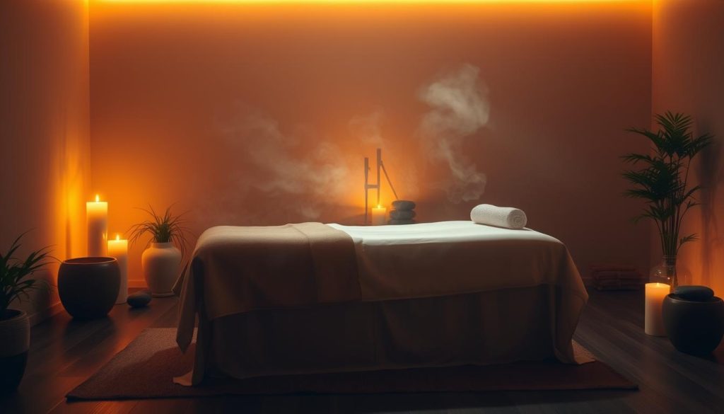 A serene, dimly lit room with soft, warm lighting casting a soothing glow. In the center, a plush massage table draped in luxurious linens, inviting relaxation. Calming, earthy tones and natural elements, such as potted plants and smooth river stones, create a tranquil, spa-like atmosphere. Gentle wisps of steam or mist fill the air, enhancing the sense of serenity. The overall mood is one of deep relaxation, mindfulness, and emotional balance. A serene, dimly lit room with soft, warm lighting casting a soothing glow. In the center, a plush massage table draped in luxurious linens, inviting relaxation. Calming, earthy tones and natural elements, such as potted plants and smooth river stones, create a tranquil, spa-like atmosphere. Gentle wisps of steam or mist fill the air, enhancing the sense of serenity. The overall mood is one of deep relaxation, mindfulness, and emotional balance.