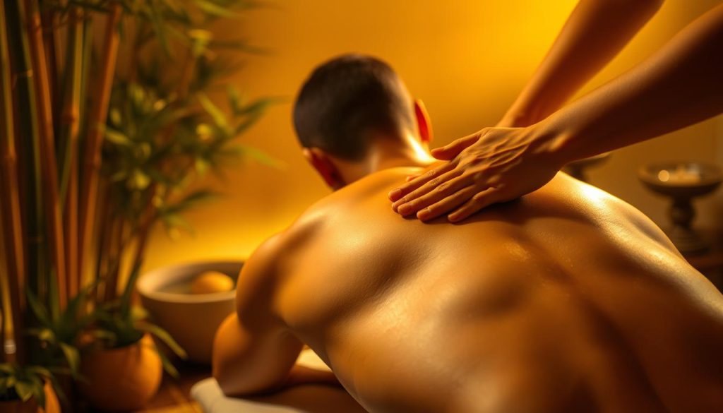 A serene, dimly lit room with warm, golden lighting. In the foreground, the hands of a masseuse gently but firmly knead and manipulate the muscles of a man's back, showcasing the "El Bali" massage technique. Fluid, graceful movements capture the essence of relaxation and rejuvenation. The background features soothing natural elements like bamboo, plants, and a calming water feature, creating a tranquil, spa-like atmosphere. The overall scene conveys a sense of harmony, balance, and the restorative power of the "El Bali" massage.