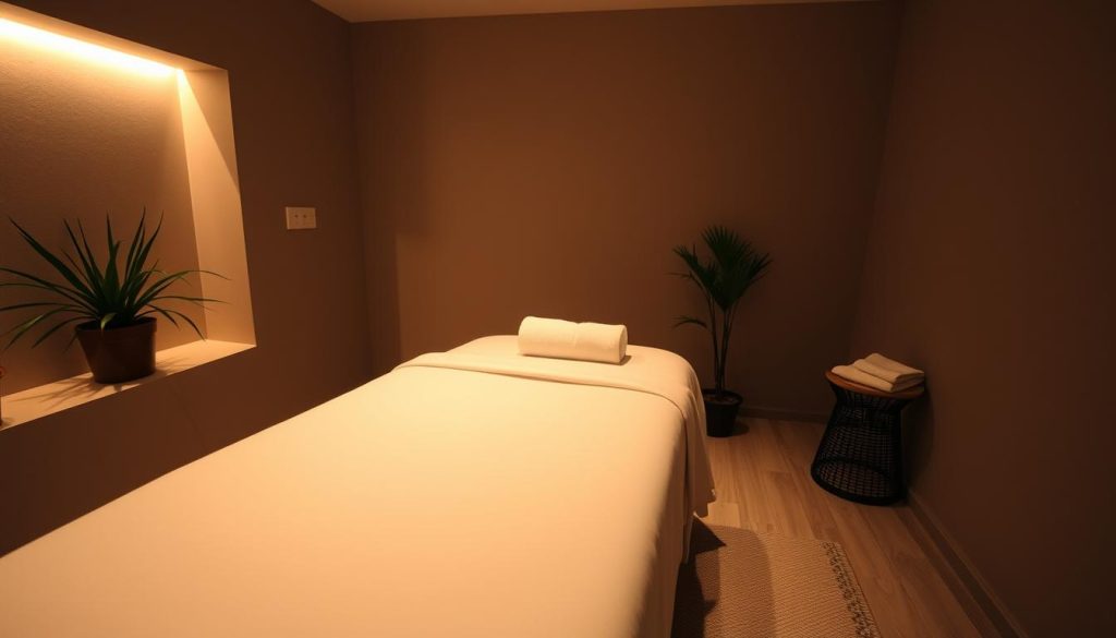 A serene, dimly-lit spa room featuring a plush massage table, soft lighting, and calming ambiance. The room has a warm, inviting atmosphere with neutral tones and natural elements like potted plants. The table is draped in a soft, luxurious fabric, and a massage oil bottle and towels are neatly arranged nearby. The overall scene conveys a sense of tranquility and exclusivity, perfect for a private, women-only massage experience in Bakirkoy.