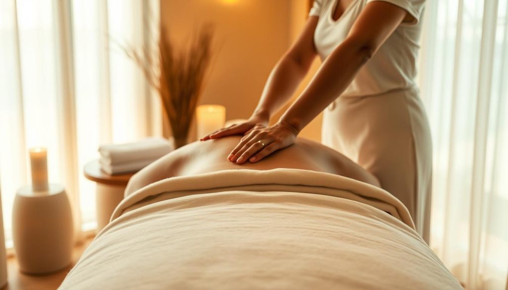 A serene massage studio with warm lighting and soothing ambiance. The masseuse's skilled hands expertly apply the G5 massage technique, gently kneading and manipulating the client's muscles. The treatment table is adorned with plush linens, creating a tranquil and restorative atmosphere. Soft shadows and highlights accentuate the elegant lines of the studio, conveying a sense of relaxation and rejuvenation. The overall scene evokes a calming, therapeutic experience tailored to the client's well-being.