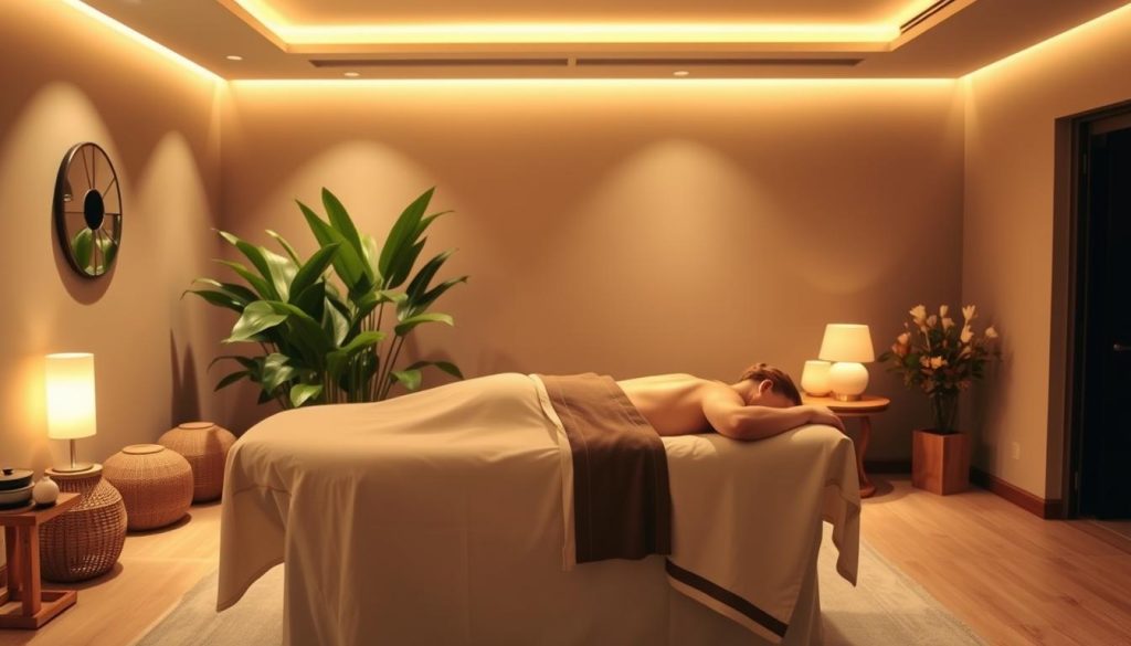A serene massage therapy session in a calming, dimly lit studio. Soft, diffused lighting from overhead creates a warm, inviting atmosphere. The massage table is dressed in crisp, white linens, inviting the recipient to relax. Lush, verdant plants in the background add a natural, soothing element. Calming, earth-toned decor and minimal, elegant furnishings evoke a sense of tranquility. The scene conveys the high-quality, professional nature of the massage program, focusing on the restorative and rejuvenating experience for the recipient.