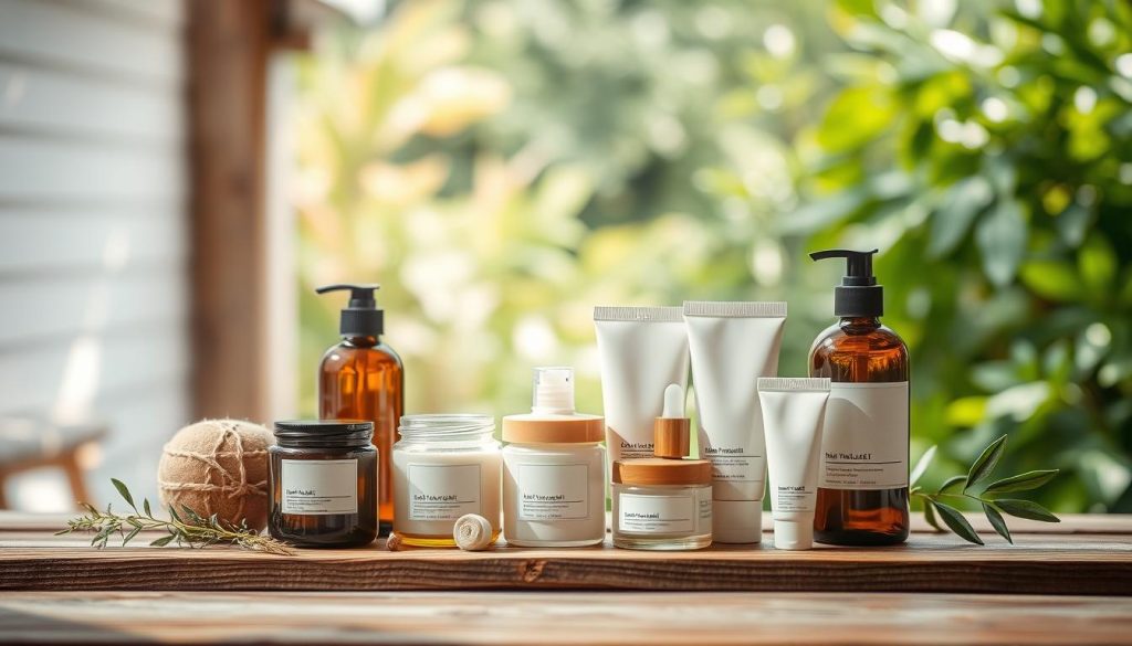 A serene outdoor scene showcasing a collection of natural skincare products artfully arranged on a wooden surface. The products, including jars, bottles, and tubes, feature clean, minimalist designs with earthy tones and organic textures. Soft, diffused lighting from an overhead window casts gentle shadows, highlighting the natural ingredients and materials. In the background, a blurred view of lush greenery and natural foliage creates a calming, spa-like atmosphere. The overall composition evokes a sense of simplicity, purity, and the beauty of nature-inspired self-care. A serene outdoor scene showcasing a collection of natural skincare products artfully arranged on a wooden surface. The products, including jars, bottles, and tubes, feature clean, minimalist designs with earthy tones and organic textures. Soft, diffused lighting from an overhead window casts gentle shadows, highlighting the natural ingredients and materials. In the background, a blurred view of lush greenery and natural foliage creates a calming, spa-like atmosphere. The overall composition evokes a sense of simplicity, purity, and the beauty of nature-inspired self-care.